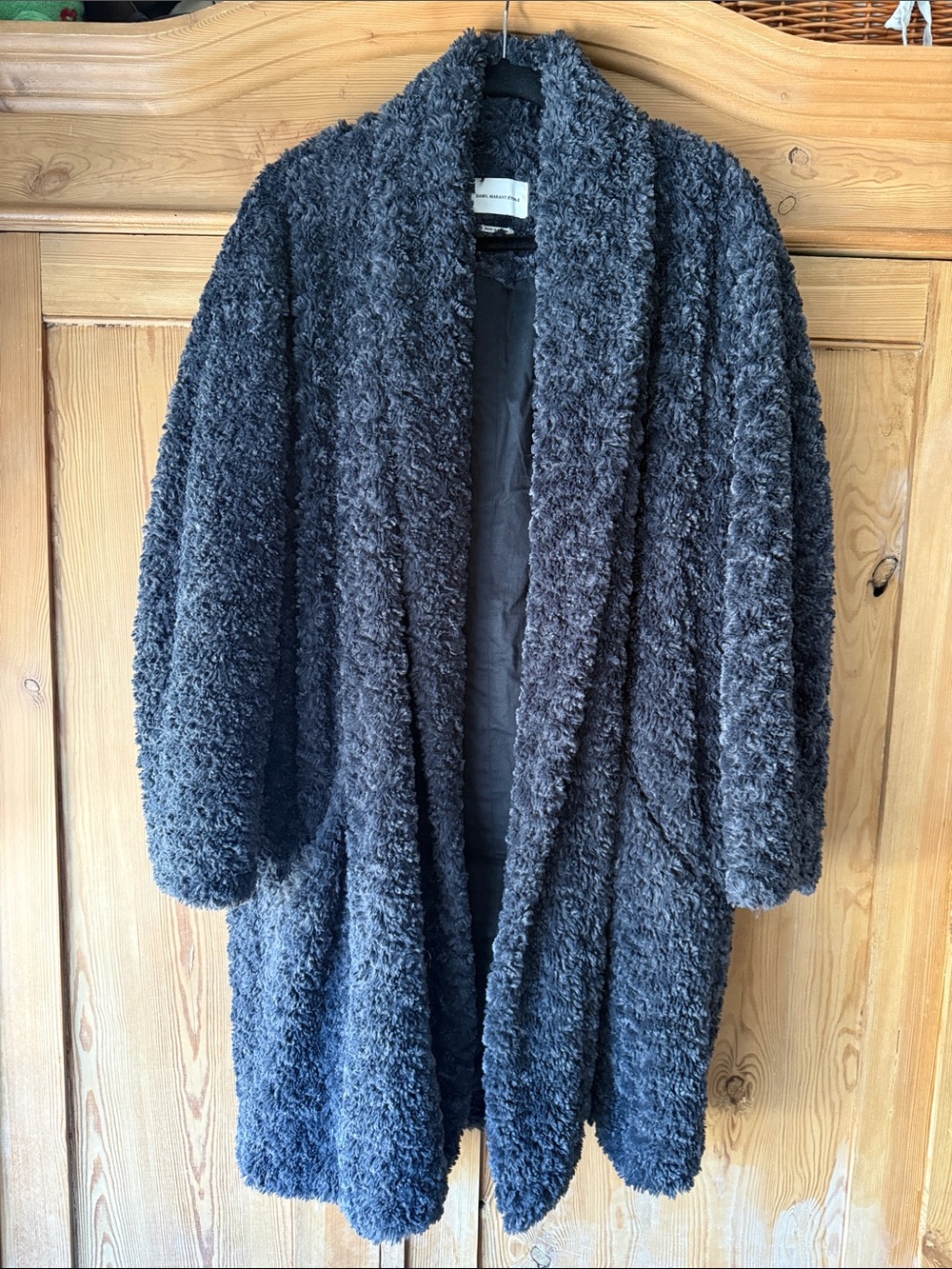 Isabel Marant Plush Grey/Black Faux-Sherpa Coat with One Button Closure